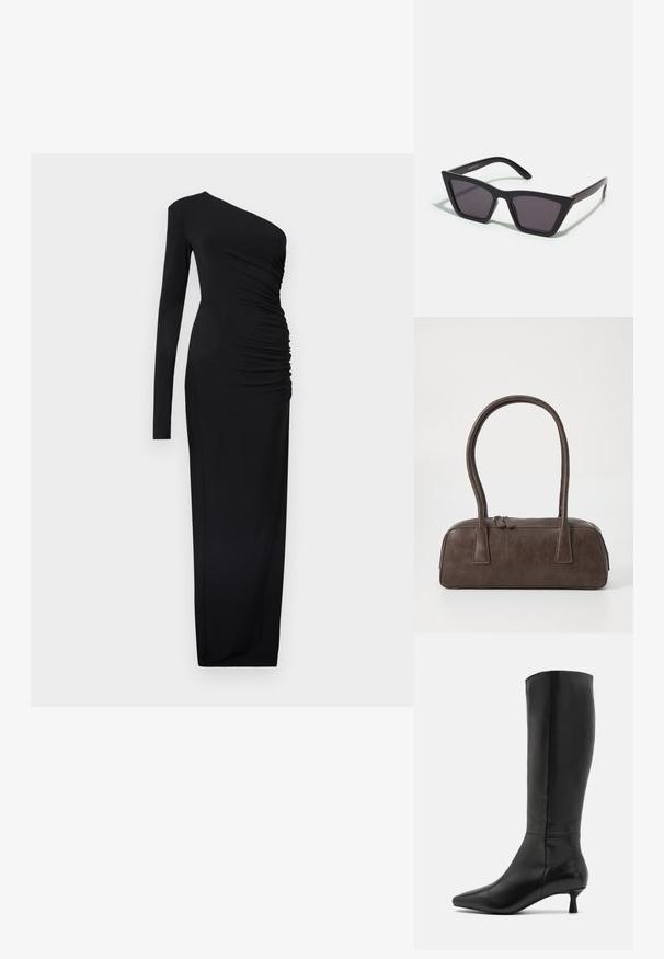 Fekete, egyvállas ruha, hosszú ujjú és redőzött részletekkel az oldalon, sima, rugalmas anyagból készült, földig érő fazon.; Zign Csizmák - black; Fekete, szögletes napszemüveg szürke lencsékkel; műanyagból készült, vastag karokkal, sima felülettel és látható hardver nélkül.; Barna bőrtáska, két masszív fogantyúval, téglalap alakú, sima felülettel és cipzáras záródással. Minimalista dizájn, látható minták nélkül.