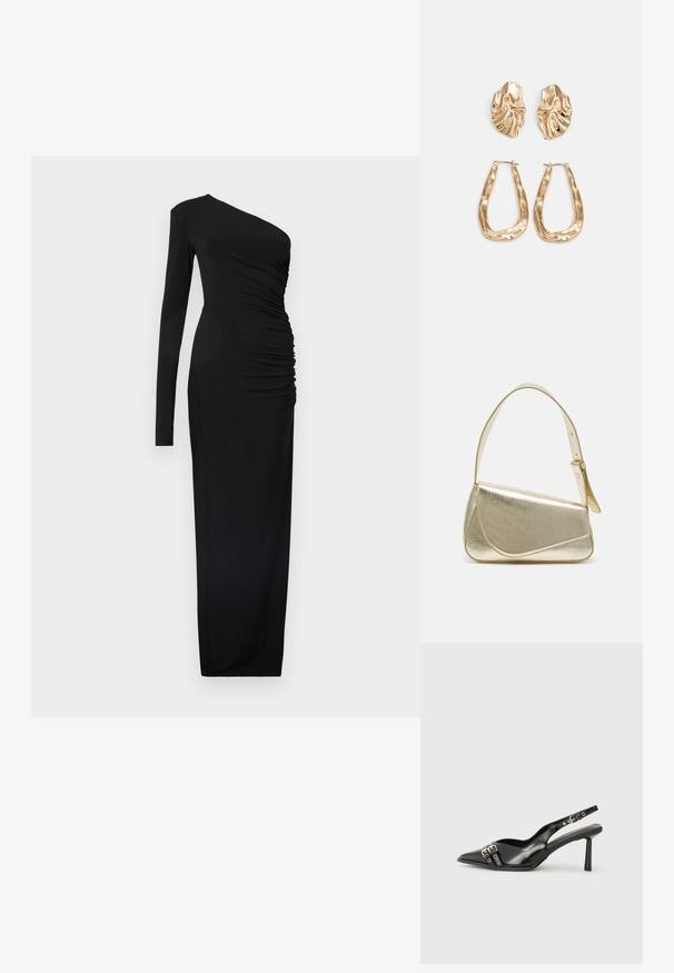 Vestido preto, assimétrico com um ombro, apresentando uma manga longa e detalhes franzidos na lateral, feito de um material suave e elástico, com um comprimento até ao chão.; Sapato slingback preto em pele patentada com bico apontado, tiras no tornozelo apresentando fivelas e acessórios prateados, e um salto elegante.; Bolsa de mão metálica dourada com um design estruturado, textura suave e alça ajustável. Apresenta uma forma triangular única e costura minimalista.; Brincos em tom de ouro com formas onduladas e texturizadas. Inclui studs escultóricos com presilha e um design de argola aberta com um acabamento martelado.