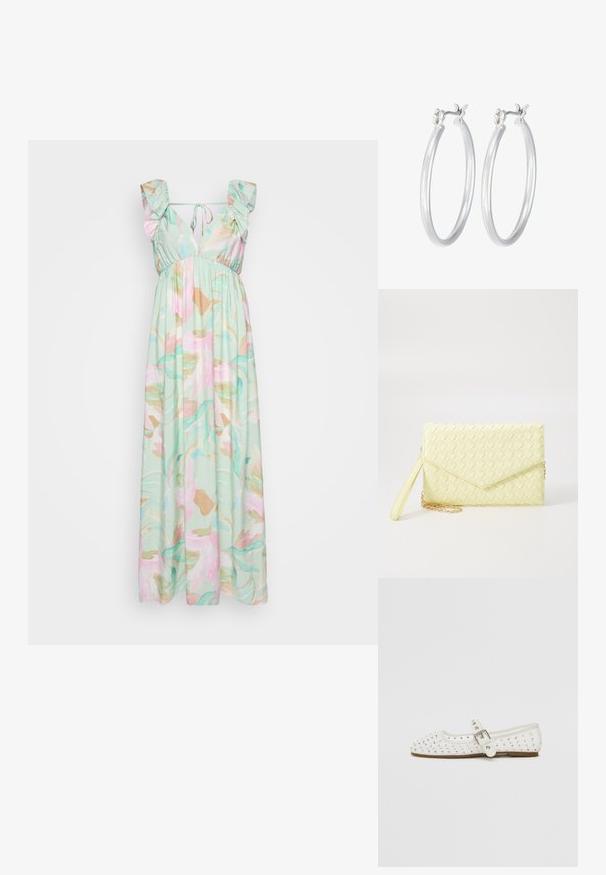 Maxi kleita gaiši piparmētru zaļā audumā, ar ziedu abstraktu rakstu rozā un zeltainos toņos. Pārliekami pleci un pieguļoša vidukļa detaļa.; Baltas plakans zābaks ar smailu purngalu, rotāts ar sudraba kniedēm, ar sprādzi, kas iet ap potīti, un gaiši brūnu zoli.; Dzeltena austs kabata ar atloku dizainu, noņemamu plaukstas siksnu un zeltītu ķēdes akcentu. Gluda tekstūra un taisnstūra forma.; Sudraba riņķveida auss gredzeni ar gludu, pulētu apdari. Apaļa forma un drošs klikšķa augšējais slēgums. Viegls dizains, kas piemērots ikdienas valkāšanai.