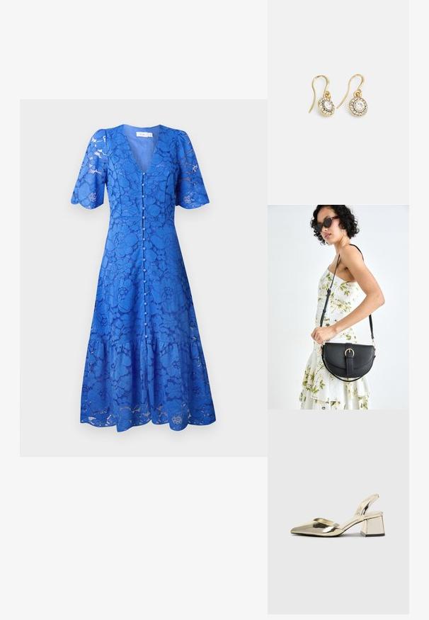 Modra čipkasta obleka z V-izrezom, kratkimi rokavi, cvetličnim vzorcem in gumbnim zapiranjem spredaj. Obleka z razširjenim robom.; Zlati, kovinski slingback čeveljci z ostrim nosom in masivnim peto. Gladka tekstura, minimalistična zasnova in ozka zanka.; Črna usnjena torbica s ukrivljeno obliko, z odstranljivo naramnico in zlatimi dodatki. Torbica ima pokrov s podrobnostmi v obliki zaponke.; Zlato obarvani uhani z ovalnimi prozornimi kristali, ki jih obdajajo manjši prozorni kamenčki, s sistemom za oblačenje za varno nošenje.