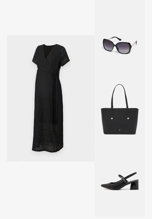 Juodas apvalus suknelė su trumpomis rankovėmis ir užrišimu. Audinys yra su išpjovų raštu, turinčiu įvairius dizainus, sukuriantį tekstūrą ir detales.; Juodi patentinio odos slingback aukštakulniai su smailiu pirštu, apvaliu išpjovimu ir blokiniu kulnu. Papuošti auksiniu juostos akcentu.; Juodos didelės saulės akinių su pereinamais objektyvais, storomis rėmeliais ir auksinės spalvos grandinėmis ant šventyklų.; Juodas sintetinio pluošto rankinis krepšys, turintis paprastą stačiakampį dizainą, auksines kvadratines detales ir dvi rankenas.