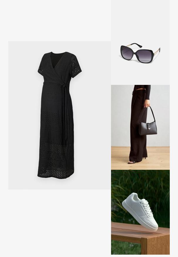 Vestido preto envolvente com mangas curtas e fecho por laço. O tecido possui um padrão recortado com diferentes designs, criando textura e detalhe.; Sapatilha branca com um cabedal sintético liso, caixa dos dedos perfurada, atacadores planos e uma sola texturizada, exposta sobre uma superfície de madeira.; Óculos de sol oversized pretos com lentes degradê, armações grossas e detalhes em corrente dourada nas hastes.; Bolsa preta com forma estruturada, textura suave e um fecho metálico. Combinada com calças largas pretas e sandálias de salto aberto sobre um chão de madeira.