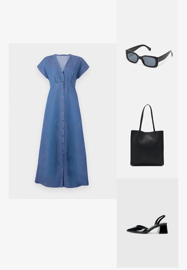 Kék farmerruha rövid ujjakkal, V-kivágással és gombos elülső részsel. A mell alatt ráncolt részletezéssel és egyenes, hosszú sziluettel rendelkezik.; Fekete lakk bőr szandálkés magas sarkú cipő, hegyes orral és geometrikus tömbsarkakkal. Karcsú, minimalista dizájn és sima textúra jellemzi.; Fekete, téglalap alakú napszemüveg sötétített lencsékkel, vastag műanyag kerettel és széles templomokkal. Simább felület és szögletes dizájn.; Fekete bőrtáska sima felszínnel, téglalap alakú, két hosszú füllel. Nincs látható fémkiegészítő vagy díszítés.