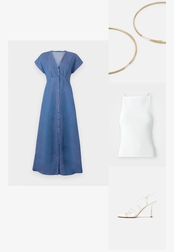 Modrá denimová šaty s krátkymi rukávmi, véčkovým výstrihom a predným zapínaním na gombíky. Má nariasené detaily pod poprsím a rovný, dlhý strih.; Biely rebrovaný top na tenké ramienka s priliehavým strihom a hladkou textúrou. Tkanina sa zdá byť elastická a jemne štruktúrovaná.; Biele sandále na vysokom podpätku so štíhlym remienkom okolo členku a plochou základňou na prsty, textúrovaný predok so zhluky akcentov.; Hnedá kožená taška s mäkkou textúrou, ktorá sa vyznačuje priestranným dizajnom a jedným popruhom. Nosená s modrou denimsovou bundou.; Zlaté kruhové náušnice, tenké a okrúhleho tvaru, s hladkým kovovým povrchom a bez ozdôb alebo vzorov.