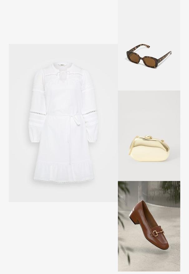 Rochie albă din bumbac, cu decolteu rotund, detalii cu fundă, mâneci lungi tip puff cu accente din dantelă și tiv flared cu volane.; Mocasini din piele patent cafenie, cu vârf pătrat, accent cu lanț metalic și toc mic; textură netedă, design minimalist.; Ochelari de soare cu chelă de broască țestoasă, având un cadru rotund și voluminos, cu lentile maro. Prezintă modele subtile și brațe drepte, conice.; Clutch metalizat de culoare aurie, cu o formă netedă și rotundă, având un închizător tip buton în partea de sus și o curea mică pentru purtare.