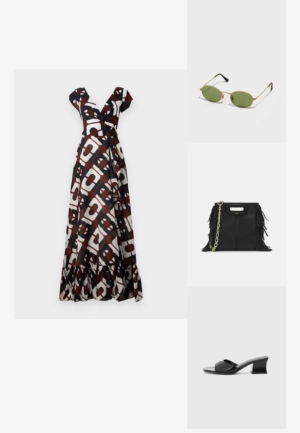 Sukienka maxi w brązowym, białym i czarnym kolorze z wyrazistym geometrycznym wzorem. Dekolt w kształcie litery V, rękawy typu cap oraz falbana na dolnej krawędzi.; Czarne klapki na obcasie z połyskującym wykończeniem, odkryty palec i szeroki pasek. Blokowy obcas o geometrycznym kształcie zapewnia stabilność. Srebrny akcent dekoracyjny.; Owalne okulary przeciwsłoneczne z zielonymi szkłami, złotą metalową oprawką i ciemnobrązowymi plastikowymi końcówkami. Lekkie, z widocznym logo Ray-Ban na jednym z soczewek.; Czarna skórzana torebka na ramię z frędzlami, złotym łańcuszkiem oraz wyciętym uchwytem. Posiada umieszczone na przodzie logo.