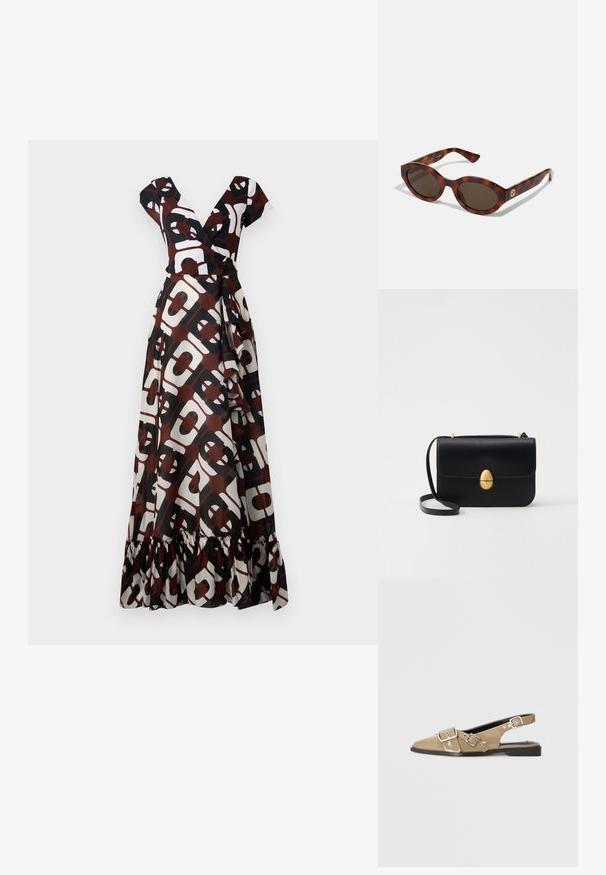 Maxi-mekko ruskeassa, valkoisessa ja mustassa kankaassa, jossa on rohkea geometrinen kuvio. V-kaula-uoma, hihattomat hihat ja röyhelöreuna.; Beige kiilakorkoiset slingback-kengät, joissa on terävä kärki, kaksi säädettävää solkea ja matala musta korko. Silkkinen rakenne kiiltävällä pinnalla.; Kilpikonnakuosiset aurinkolasit pyöreillä sangoilla, tummat linssit ja kultaiset logodetaljit sangoissa. Sujuva muovimateriaali, ei näkyviä kuvioita.; Musta nahkakäekott struktureeritud ristküliku kujuga. Varustatud kuldse ovaalse lukuga ja õhukese õlalindiga. Sile tekstuur.