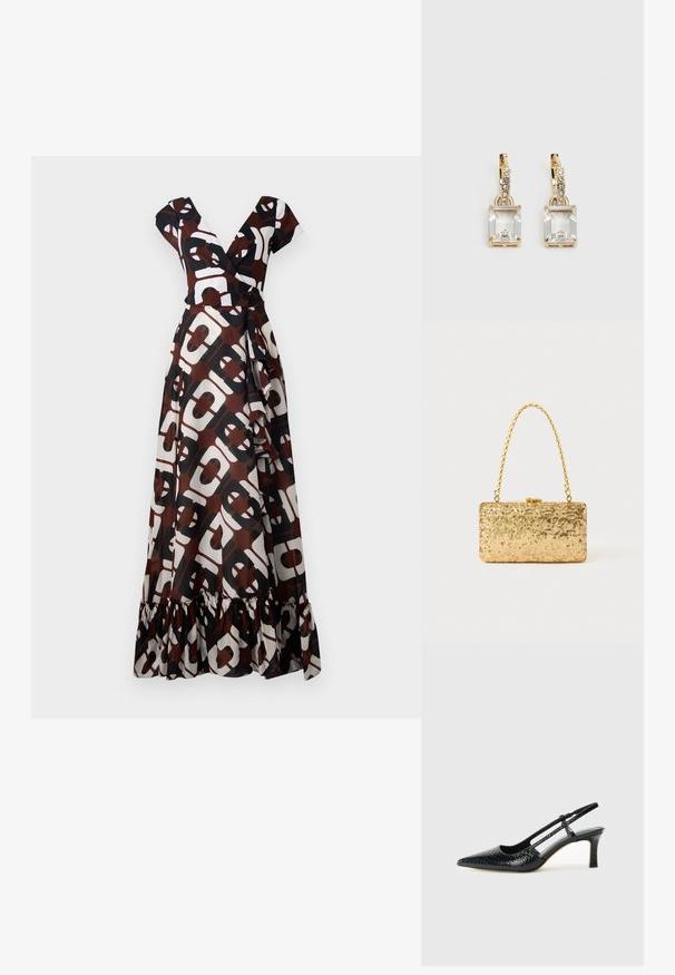 Maksikleita brūnā, baltā un melnā audumā ar izteiktu ģeometrisku rakstu. V-veida kakla izgriezums, piedurknes ar kapuci un palielināts apakšmalas apdare.; Melna patent āda ar slīdošo papēdi un smailo purngalu, ar teksturētu čūsku drukājumu, regulējamu siksniņu un īsu teksturētu blokpapēdi.; Zelta sekmju soma ar taisnstūra formu, kurai ir savīti ķēdes rokturi un metāla aizdare, kas atspoguļo gaismu ar teksturētu apdari.; Zeltītas auskaru rotas, kuru centrā ir taisnstūra formas caurspīdīgs kristāls, kas karājas zem mazu, apaļu caurspīdīgu akcentu rindas. Elegants, mūsdienīgs dizains.