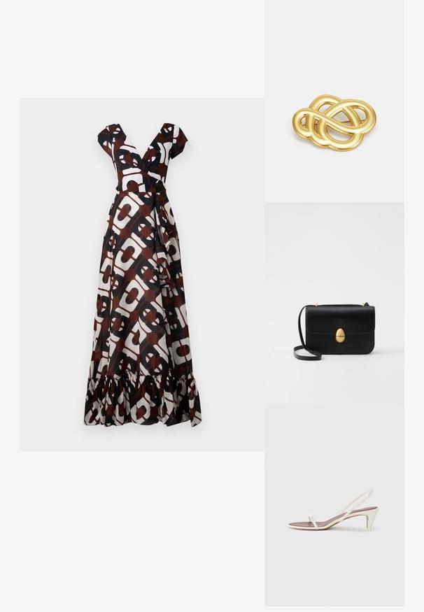 Maxi šaty v hnedej, bielej a čiernej farbe z látky s odvážnym geometrickým vzorom. Výstrih do V, krátke rukávy a detail s volánom na leme.; Biele sandále na opätku so slabým podpätkom, tenkými pásikmi a hladkým koženým povrchom; obsahujú malú dekoratívnu sponu.; Čierna kožená kabelka so štruktúrovaným obdĺžnikovým tvarom. Obsahuje zlaté oválne zapínanie a tenký ramenný popruh. Hladká textura.; Brošňa v zlatej farbe s uzlovým dizajnom, hladkými, zakrivenými líniami a zložitým tvarom, ktorá odráža leštený povrch.