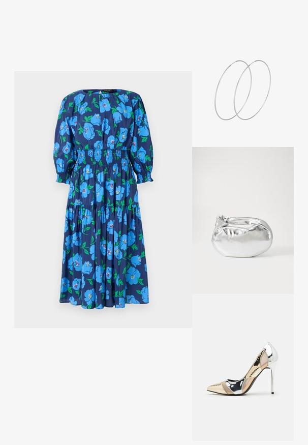 Cvjetna midi haljina u tamnoplavoj boji s velikim plavim cvjetovima i zelenim lišćem. Sadrži puf rukave, nabranu struk i slojeviti dizajn suknje.; Cipele s visokom potpeticom i špicastim vrhom u srebrnoj, zlatnoj i nude boji. Sjajan finiš s izrezbarenim dizajnom, s potpeticom u obliku stiletto.; Srebrna metalik torbica s mekim, zaobljenim oblikom i čvorastim zatvaranjem na vrhu. Izrađena od glatke sintetičke kože.; Srebrne okrugle naušnice s minimalističkim dizajnom. Kružni oblik, glatka tekstura i tanak profil. Lagane s poliranim završetkom.
