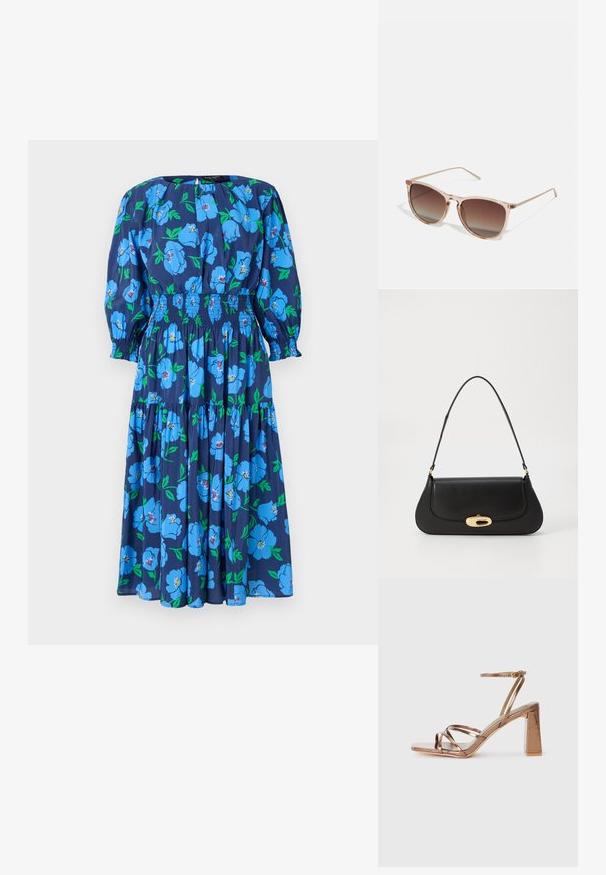 Květinové midi šaty v námořnické modři s velkými modrými květy a zelenými listy. Mají nabírané rukávy, gumičkový pas a vrstvený design sukně.; Bronzové sandály na vysokém podpatku se čtveratou špičkou, tenkým řemínkem kolem kotníku a křížovým designem vpředu. Hladký metalický povrch.; Hnědé sluneční brýle s gradientem, s průhledným růžovým rámem, čtvercovým tvarem a tenkými kovovými nohami. Charakterizovány zaoblenými hranami a minimálním zdobením.; Černá kožená kabelka s zakřiveným designem, zlatými akcenty a horním uchem. Vybavena elegantním zavíráním a hladkým povrchem.