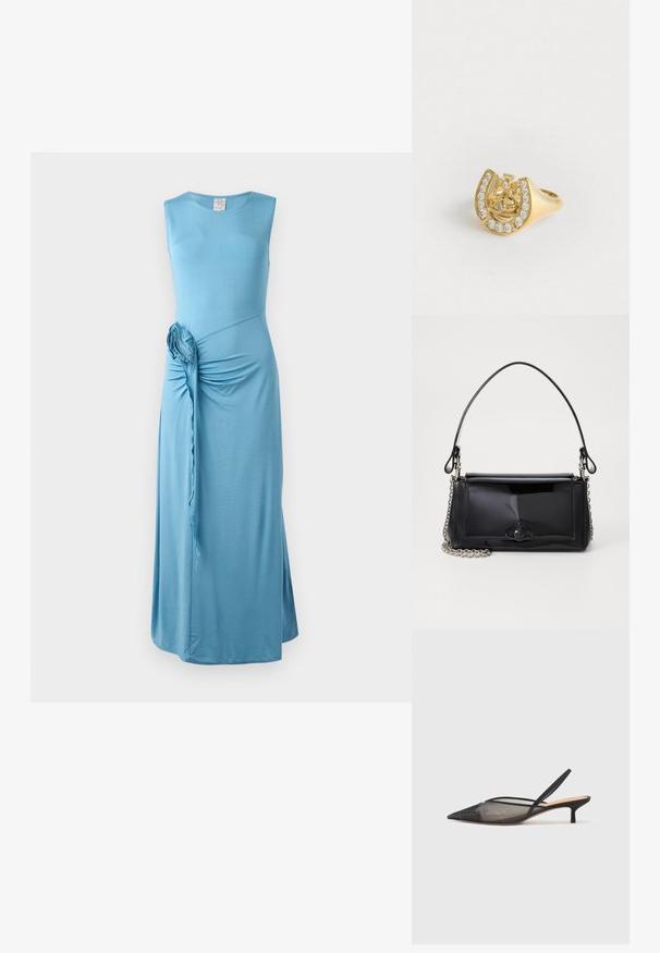 Sinine, varrukateta maxi kleit, millel on keeratud küljeosa ja lilleline aktsent. Valmistatud pehmest ja venivast kangast sileda tekstuuriga.; NEOUS IRENA - Klassikalised kontsakingad - black; Mustmust mustkott mustmust mustkott, millel on ristkülikukujuline kuju, kettstrap ja silmapaistev viimistlusaktsent keskel. Sile tekstuur.; Kuldne sõrmus, mille sees on kroonikujundus hobuseraua sees, kaunistatud väikeste selgete kalliskividega, valge tausta peal.