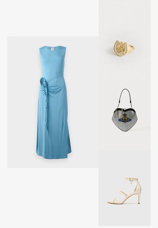 Mėlyna, be rankovių, maksi suknelė su susuktomis šoninėmis detalėmis ir gėlių akcentu. Pagaminta iš švelnaus, tamprios medžiagos su lygiu paviršiumi.; Šviesiai rudos aukštakulnės sagaus su plona kulkšnies juostele ir dviem viršutinėm juostelėm. Blizgus lakinės odos apdailos ir auksinė detalių apdaila ant kulkšnies juostelės.; Širdies formos tinklinė rankinė su metaliniu blizgiu, kurioje vaizduojamas katės ir planetos dizainas mėlyna, geltona ir raudona spalvomis. Įskaičiuota grandinėlė.; Aukso žiedas su karūnos dizainu viduje arkadijos, papuoštas mažomis skaidriomis brangakmenių, baltame fone.