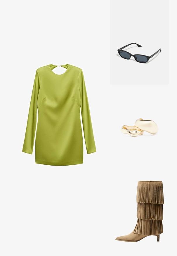 Mini haljina dugih rukava u svijetlozelenom satenu, s okruglim izrezom u obliku ključa i detaljima na bočnim šavovima. Glatka tekstura s elegantnom siluetom.; Kratka čizma od tan sueda s tri sloja rese. Oštri vrh i niska blok peta. Glatka tekstura kroz cijelu čizmu.; Crne mačkaste sunčane naočale s tamnim staklima, plastičnim okvirom, uskim stablima i suptilnim oznakama na unutarnjoj strani. Mat tekstura završne obrade.; Zlatne naušnice organskog, zrnastog oblika s glatkom, reflektirajućom površinom; imaju minimalistički dizajn bez vidljivih dijelova.