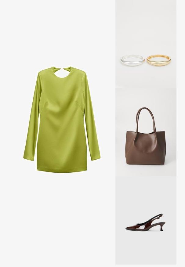 Sukienka mini z długim rękawem w jasnym zielonym kolorze, wykonana z satyny, z okrągłym dekoltem w kształcie klucza oraz detalami na bocznych szwach. Gładka faktura i elegancki krój.; Brązowe lakierowane skórzane buty na obcasie typu slingback z ostrym noskiem i umiarkowanym obcasem. Posiadają pasek z klamrą dla zapewnienia stabilnego dopasowania. Gładka tekstura.; Brązowa skórzana torba tote z dwiema długimi rączkami, o strukturalnym kształcie, gładkiej fakturze i minimalistycznym designie. Brak widocznych elementów metalowych lub akcentów.; Zign - Bransoletka