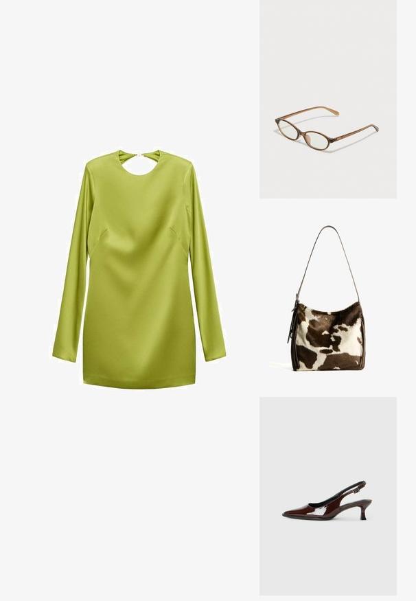 Rochie mini cu mânecă lungă din satin verde strălucitor, având decolteu rotund în formă de cheie și detalii pe laterale. Textură netedă cu un siluetă elegantă.; Pantofii slingback din piele patent maro, cu vârful ascuțit și un toc moderat. Prezintă o curea cu prindere pentru o potrivire sigură. Textură netedă.; Ochelari în nuanță de țestoasă maro, cu lentile ovale, brațe subțiri și accente transparente. Prezintă un logo subtil pe tâmplă. Design elegant și ușor.; Geantă de umăr din piele de vacă maro și crem, cu o bandă din piele netedă, închidere cu fermoar și o suprafață moale, texturată, cu un model natural.