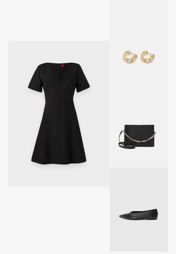 Vestido preto com corpete justo e saia rodada. Apresenta mangas curtas, decote em V, fecho nas costas e costuras que criam uma silhueta estruturada.; Bailarina de couro preto, bico fino, design minimalista, textura suave, salto baixo, sem hardware ou embelezamentos visíveis.; Bolsa crossbody de couro preto com uma textura suave, forma retangular e um detalhe em corrente metálica na frente. Inclui uma alça ajustável.; Brincos de argola dourados com um design texturizado e três cristais transparentes em um lado, oferecendo uma estética geométrica moderna.