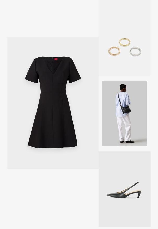 Fekete ruha, testhezálló felső résszel és bővülő szoknyával. Rövid ujjakkal, V-nyakkal, hátsó cipzárral és a formázott sziluettet kialakító varrásokkal rendelkezik.; Fekete, hegyes orrú, slingback cipő alacsony sarkával, sima bőrből készült, oldalt kivágott deisgnal a légáteresztőképesség érdekében.; Fekete bőr válltáska puha tapintással, háromszög alakú, állítható pánttal, világoskék csíkos inggel és fehér nadrággal párosítva.; Három fémgyűrű: az egyik rose gold, a másik texturált akcentusokkal ellátott arany, a harmadik pedig ezüst, mindegyiken gravírozott márkajelzés található a belső sávon.