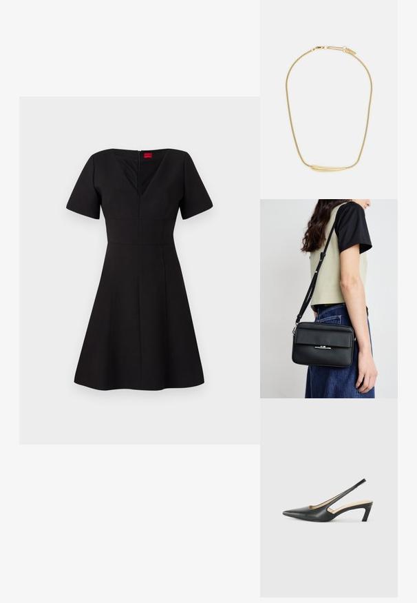 Zwarte jurk met een getailleerd lijfje en een vlammende rok. Beschikt over korte mouwen, een V-halslijn, een rits aan de achterkant en naden die een gestructureerde silhouet creëren.; Zwarte puntige slingback schoen met een lage hak, gemaakt van soepel leer en voorzien van een uitsnede aan de zijkant voor ventilatie.; Calvin Klein LINEAR CAMERA BAG - Schoudertas - black; Gouden ketting met een gladde, gebogen centrale accenten. Beschikt over een flexibele ketting met een kreeftsluiting en extra verstelbare schakels.