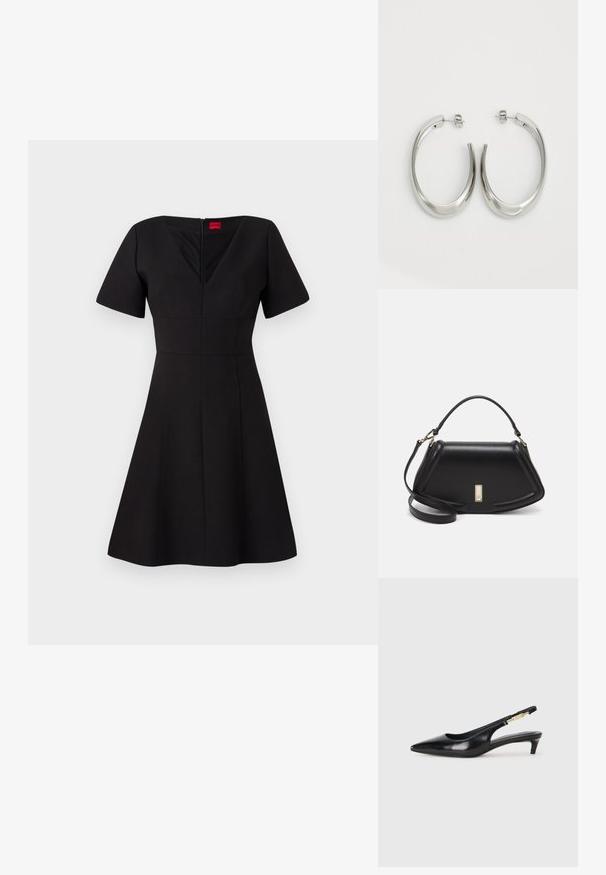 Black dress with a fitted bodice and flared skirt. Features short sleeves, a V-neckline, back zipper, and seams creating a structured silhouette.; Black leather slingback heels with a pointed toe, featuring a slim heel and a gold-tone accent on the adjustable strap. Smooth texture.; Black leather handbag with a structured design, featuring a cropped shape, top handle, and gold hardware accent. Adjustable shoulder strap included.; Silver hoop earrings with a smooth, curved design. Features a shiny metallic finish and stud closure. No visible patterns or accents.
