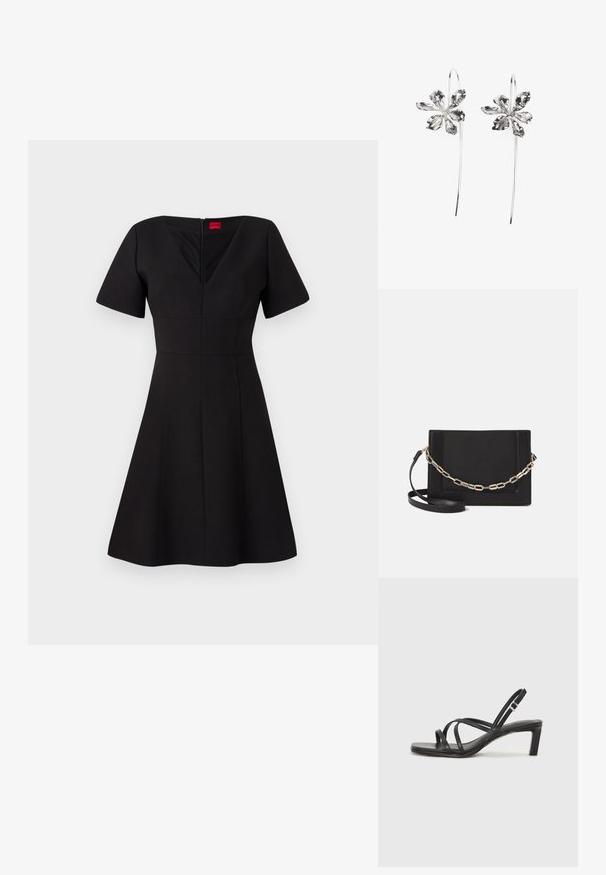 Musträne kleit kitsaste rinnanja ja laieneva seelikuosaga. Omab lühikesi varrukasid, V-kaelust, selja pikkat tõmblukk ja õmblusi, mis loovad struktureeritud silueti.; Mustast rihmajalatsid ruudukujulise varba ja madala ploki kontsaga. Omab mitmeid õhukesi rihmasid ja reguleeritavat pahkluu rihma. Valmistatud siledast nahast.; Mustast nahast õlakott, mis omab siledat tekstuuri, ristküliku kuju ning esiküljel metallketi detaili. Reguleeritav rihm on kaasas.; Hõbedased lillekujulised kõrvarõngad tekstureeritud viimistlusega, pikal konksul ja kroonlehtedetaoliste detailidega, moodustades keeruka disaini.