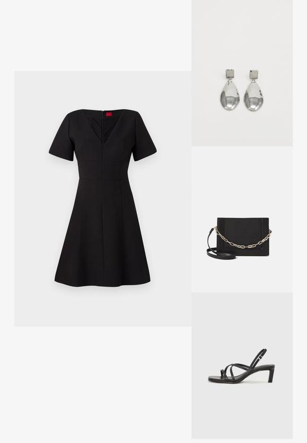 Mustapuku, jossa on istuva yläosa ja kneehoikkahelma. Ominaisuuksiin kuuluvat lyhyet hihat, V-pääntie, takana vetoketju ja saumat, jotka luovat rakenteellisen siluetin.; Mustat hihnalligat, joissa on neliön muotoinen kärki ja matala lohkokorko. Ominaisuuksiin kuuluu useita ohuita hihnoja ja säädettävä nilkkahihna. Valmistettu sileästä nahasta.; Musta nahkainen olkalaukku, jossa on sileä pinta, suorakulmainen muoto ja metalliketju yksityiskohtana edessä. Mukana säädettävä hihna.; Hopeakoru drop -korvakorut, joissa on neliömuotoinen nappi, sileällä, kiillotetulla pinnalla ja pisaran muotoisella designilla, heijastavat valoa kiiltävän pinnan kautta.