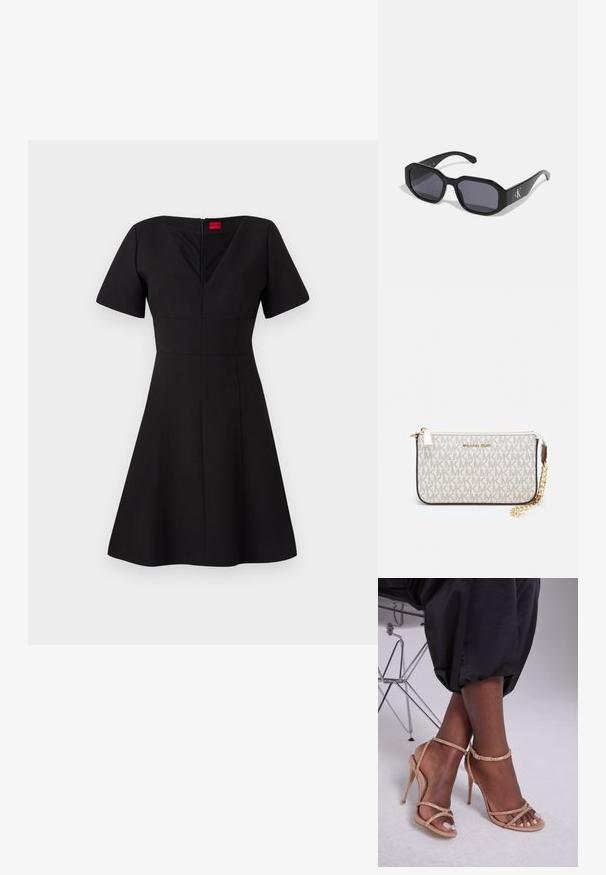 Sorth kjole med en figursydd overdel og vide skjørt. Har korte ermer, V-hals, glidelås bak og sømmer som skaper en strukturert silhuett.; Beige hæl sandaler med krystalmotiver, med åben tå, tynde remme og en slank silhuet.; Svarte solbriller med åttekantet ramme, mørke linser, glatt plastmateriale og en sølvfarget logoakcent på den ene siden.; Michael Kors håndleddsveske i beige belagt kanvas med et gjentakende MK-logo mønster, gullfarget maskinvare og en avtakbar kjede-rem.; Gullmetalliske øredobber med bølgete design; glatt, reflekterende overflate; asymmetrisk form; ingen synlige mønstre eller hardware.