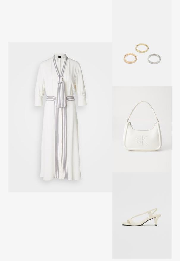 Rochie albă cu un design înfășurat, având un șnur în dungi la decolteu și un detaliu cu dungă centrată pe față, cu mâneci până la trei sferturi.; Sandale bej cu toc bloc, cu bretele subțiri și vârf pătrat. Material neted cu detalii minime, concepute pentru a fi ușor de purtat.; Geantă de umăr din piele albă cu formă curbată, având un logo "CK" embosat pe partea din față și un singur braț de umăr. Închidere cu fermoar în partea de sus.; Trei inele din metal: unul roz aurie, unul auriu cu accente texturate și unul argintiu, toate cu branding gravat pe banda interioară.
