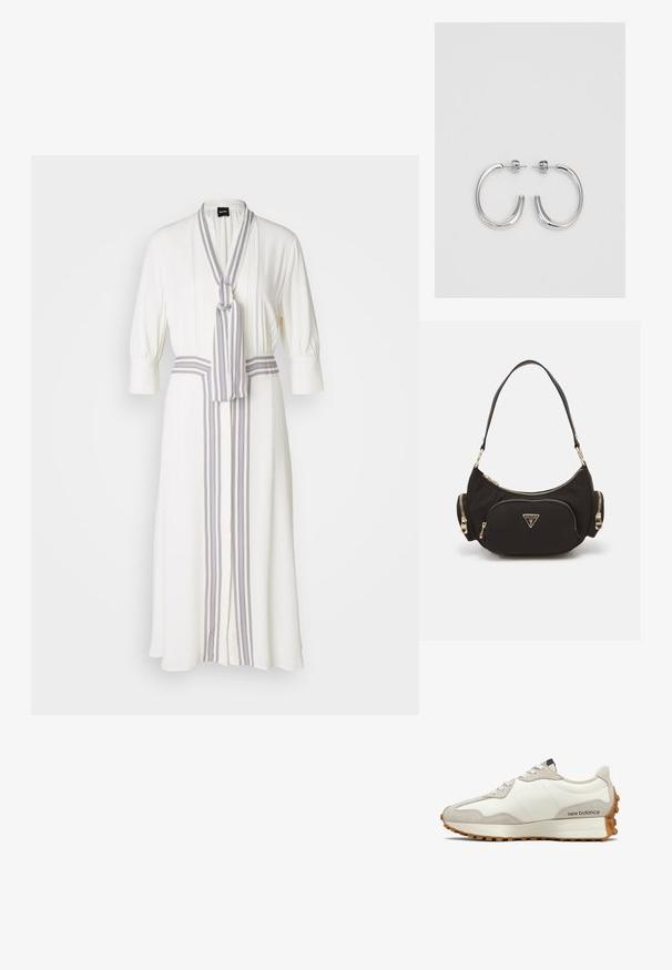 Abito bianco con design avvolgente, caratterizzato da un nastro a righe al collo e un dettaglio a righe centrato sul davanti, maniche a tre quarti.; Sneaker bianca e beige con tomaia in pelle liscia, dettagli in suede, punta rotonda e suola in gomma testurizzata. Nome del brand stampato sul lato.; Borsa a spalla in tessuto nero con accessori in tonalità oro, dotata di un ampio scomparto con zip e due piccole tasche laterali con zip.; Orecchini a cerchio in argento con una finitura liscia e lucente. Forma arrotondata, design leggero, con chiusura a perno.