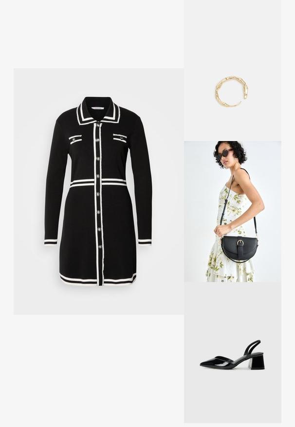 Schwarzes Kleid mit einem Kragenhals, weißen Besätzen, zwei Brusttaschen und silbernen Knöpfen. Aus Strickstoff gefertigt, mit langem Arm.; Schwarze Lackleder-Slingback-High Heels mit spitzem Schuh und einem geometrischen Blockabsatz. Verfügt über ein schlankes, minimalistisches Design und eine glatte Textur.; Schwarze Lederhandtasche mit geschwungener Form, abnehmbarem Tragegurt und goldenen Beschlägen. Die Tasche verfügt über einen Deckel mit einer Schnallen-Details.; Goldfarbener Ring mit einem organischen, gedrehten Design, glatter Oberfläche und sich verjüngenden Enden, was ein modernes, skulpturales Erscheinungsbild erzeugt.