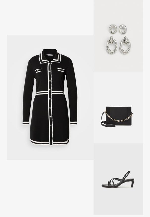 Černé šaty s límečkem, bílým lemováním, dvěma náprsními kapsami a stříbrnými knoflíky. Vyrobené z pletené tkaniny, s dlouhým rukávem.; Černé sandály na tenkém podpatku se čtveratou špičkou a nízkým blokovým podpatkem. Mají několik tenkých popruhů a nastavitelné zapínání okolo kotníku. Vyrobeny z hladké kůže.; Černá kožená crossbody taška s hladkým povrchem, obdélníkovým tvarem a kovovým řetízkem na přední straně. Součástí je nastavitelný popruh.; Náušnice ve stříbrném tónu vyrobené z kovu, které nabízejí dva designy: zkroucený kruhový kroužek a hladký kruhový kolík. Reflexní povrch zvyšuje eleganci.