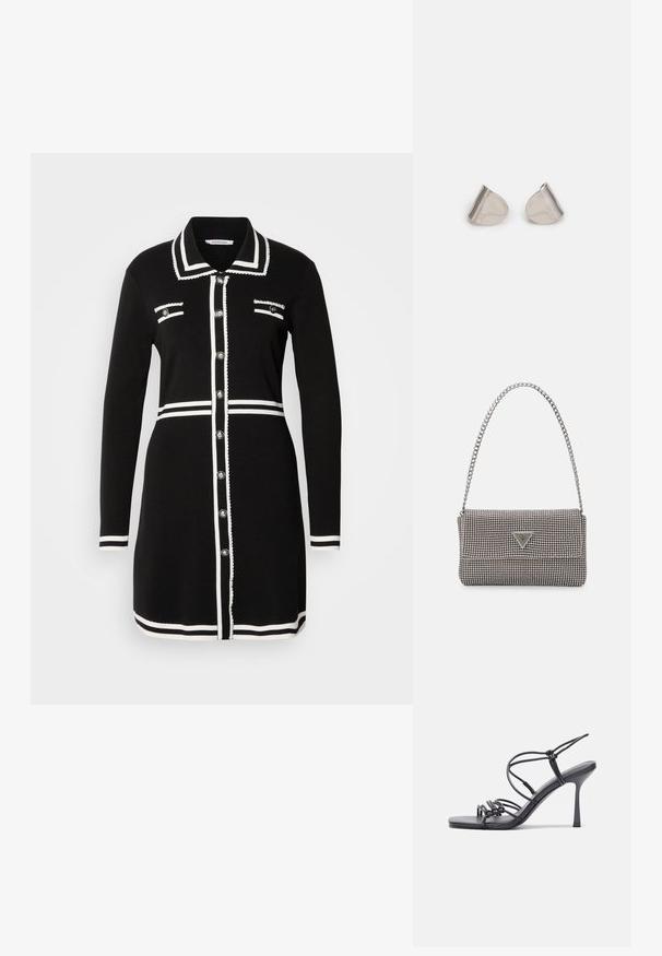 Sort kjole med krave, hvid kant, to brystlommer og sølvknapper. Lavet af strikket stof, langærmet design.; Sorte højhælede sandaler med tynde stropper og en knyttet design, en glat firkantet tå og en slank stiletto hæl.; Lys grå metallisk håndtaske med kædestrop, dekoreret med små runde metalliske studs og et trekantet brandlogo.; Sølv metal øreringe med en glat, tåreformet form og en poleret overflade. Diskrete graveringer tilføjer detaljer. Minimalistisk design.