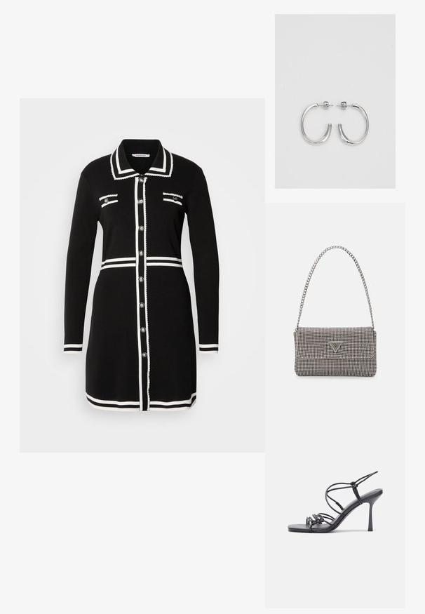 Mustikas kleit, millel on krae ja valge äärekoht, kaks rinna taskut ja hõbedased nööbid. Valmistatud kudumisky materjalist, pikkade varrukatega disain.; Mustad musta värvi kontsandaalid on varustatud peente rihmadega, millel on sõlmekujundus, siledad ruudukujulised varbad ja stiilne stilettokonts.; Helehall metallik handbags, millel on kett, kaunistatud väikeste ümmarguste metallist õmblustega ja kolmnurkse brändi logoga.; Hõbedased rõngaskõrvarõngad, millel on sile ja läikiv pind. Ümar kuju, kerge disain, millel on post-tagumise kinnituse süsteem.