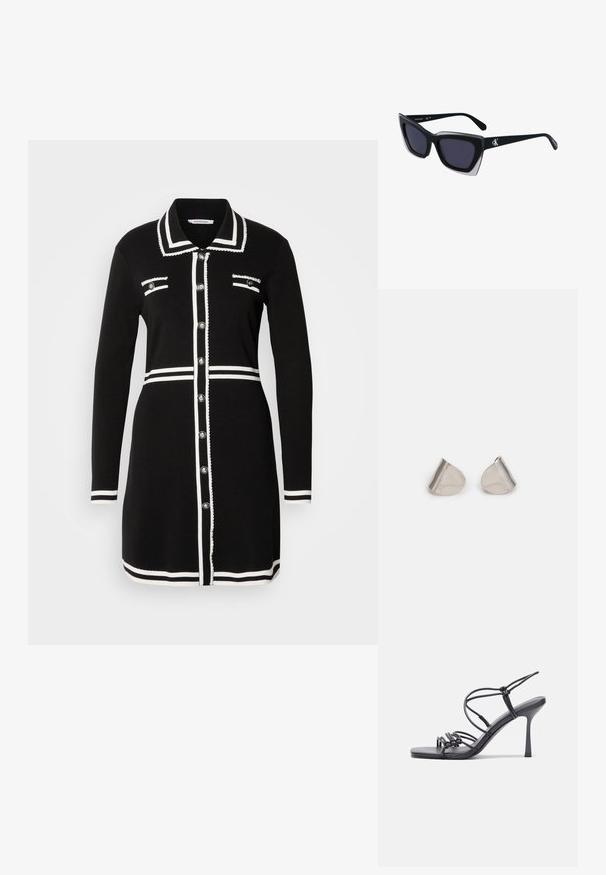 Sort kjole med krave, hvid kant, to brystlommer og sølvknapper. Lavet af strikket stof, langærmet design.; Sorte højhælede sandaler med tynde stropper og en knyttet design, en glat firkantet tå og en slank stiletto hæl.; Store sorte oversized solbriller med geometrisk form, med mørke linser og en kontrasterende grå detalje på stellet. Logo på armen.; Sølv metal øreringe med en glat, tåreformet form og en poleret overflade. Diskrete graveringer tilføjer detaljer. Minimalistisk design.