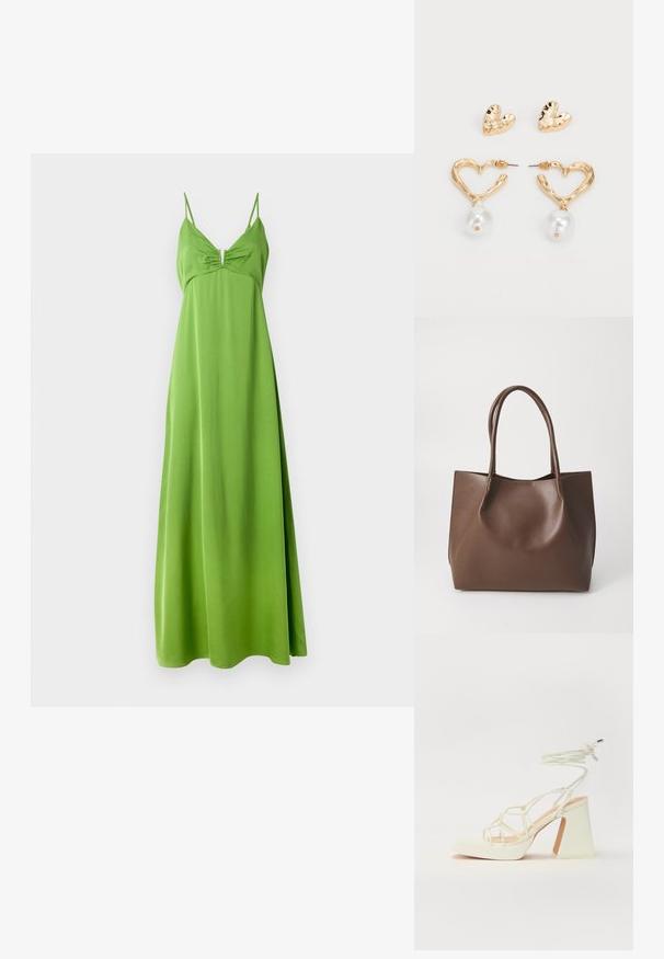 Zelena, brezroka maksi obleka s prilegajočim bodicem in mehkim, tekočim krilom. Ima nabiran detajl na prsi in tanke naramnice.; Bela sandala na visokih petah s debelim petam, ki ima obliko trakcev in vezanje okoli gležnja. Gladka tekstura z platformo spredaj za dodatno višino.; Rjava usnjena torba z dvema dolgima ročajema, strukturirane oblike, gladke teksture in minimalisticnega dizajna. Ni vidne strojne opreme ali dodatkov.; Zlato obarvane uhane v obliki srca z teksturirano površino, ki vsebujejo viseči akcent bisera. Zajema tudi uhančke v obliki srca.