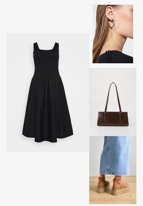 Black dress with a fitted ribbed bodice and a flared skirt. Features a square neckline, wide shoulder straps, and a smooth fabric texture.; Brown suede platform boots with elastic side panels and orange pull tabs, paired with a knee-length light denim skirt on a wooden floor.; Brown patent leather handbag with a rectangular shape, two long handles, and subtle curved accents on the front.; Silver hoop earring with a polished finish, featuring small gold accent details and a round shape, worn on the lobe.