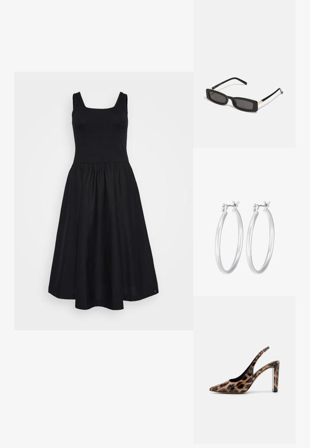 Vestito nero con un corsetto aderente a coste e una gonna svasata. Presenta una scollatura quadrata, spalline larghe e una texture di tessuto liscia.; Décolleté con stampa leopardata, dotato di cinturino alla caviglia e tacco a blocco trasparente. Realizzato in materiale lucido con una superficie morbida.; Occhiali da sole neri rettangolari con lenti scure, montatura in plastica lucida e accenti dorati sulle tempie. Design minimalista e forma elegante.; Orecchini a cerchio in argento con una finitura liscia e lucida. Forma rotonda e chiusura a scatto sicura. Design leggero adatto per l'uso quotidiano.