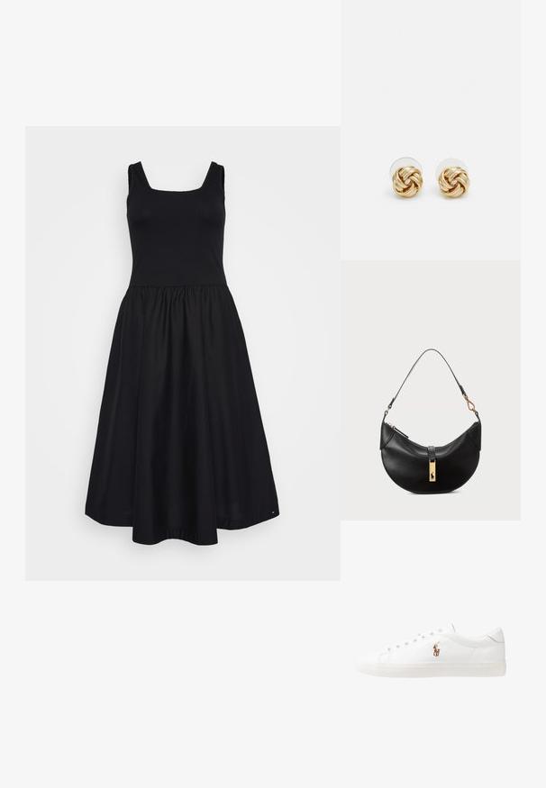 Rochie neagră cu un corset din tricot ajustat și fustă evazată. Are un decolteu pătrat, bretele late și o textură de țesătură netedă.; Adidași din piele albă, design de tip low-top, cu o textură netedă, vârf rotund, față șiretată și un mic logo brodat pe lateral.; Geantă de piele neagră în formă de jumătate de lună. Dispune de un accent din metal auriu și o curea îngustă. Textură netedă, închidere cu fermoar în partea de sus.; Cercei cu tija aurie, cu un design răsucit. Fiecare cercel are un fundal circular transparent pentru o purtare sigură.