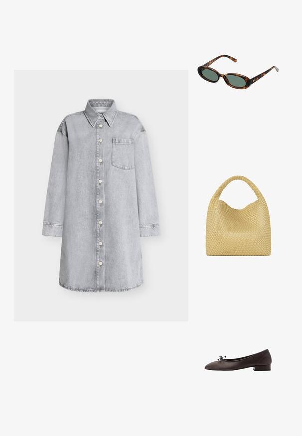 Svijetlosiva jakna-haljina od trapera s prednjim preklopom na gumbe, usmjerena ovratnikom, dugim rukavima i džepom na prsima. Glatka tekstura.; Smeđi kožni baletni stan sa zaobljenim prstima i malim blok-petama. Ima tanak mašnu na prednjem delu i suptilne šavove.; Sunčane naočale u boji kornjače s ovalnim okvirom i zelenim staklima. Imaju tanke ručke s metalnim detaljem blizu šarki.; Tkana žuta torba s zakrivljenom ručkom i neuređenim oblikom. Teksturirana površina sadrži uzorak u obliku križa.