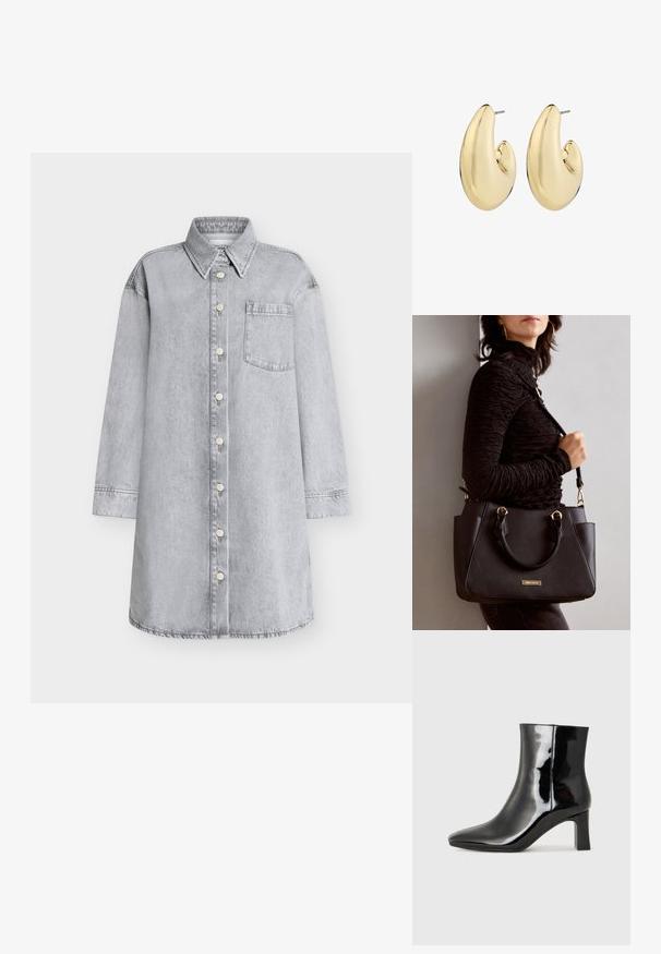 Hellgraues Jeanskleid mit durchgehender Knopfleiste, spitzem Kragen, langen Ärmeln und Brusttasche. Glatte Textur.; Schwarzer Lackleder-Stiefelette mit spitzer Zehe und einem mittelhohen Blockabsatz. Glatte Textur und minimalistisches Design.; Schwarze Handtasche mit strukturierten Oberflächen, doppelten Obergriffen und verstellbarem Schultergurt. Mit goldfarbener Hardware und Seitentaschen.; Goldfarbene Ohrringe mit einer glatten, abgerundeten Form, einem polierten Finish und einem Stiftverschluss für sicheren Tragekomfort.