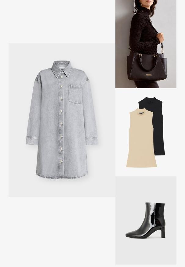 Šviesiai pilka džinsinė suknelė, turinti priekinius sagtukus, smailų apykaklę, ilgus rankoves ir krūtinės kišenę. Lygus tekstūros paviršius.; Du mėgstantys be rankovių, raštuoti polo marškiniai: vieni įdegio spalvos, kiti juodi. Abu turi prigludusią formą ir aukštą apykaklę su matomais siuvimo raštais.; Juodos lakuotos odinės aulinukės su smailiu pirštu ir vidutinio aukščio blokuotu kulnu. Lygus paviršius ir minimalistinis dizainas.; Juodas rankinės maišelis su struktūrizuota paviršiumi, dvigubais viršutiniais rankenėlėmis ir reguliuojamu peties diržu. Įrengtas aukso spalvos furnitūra ir šoninės kišenės.