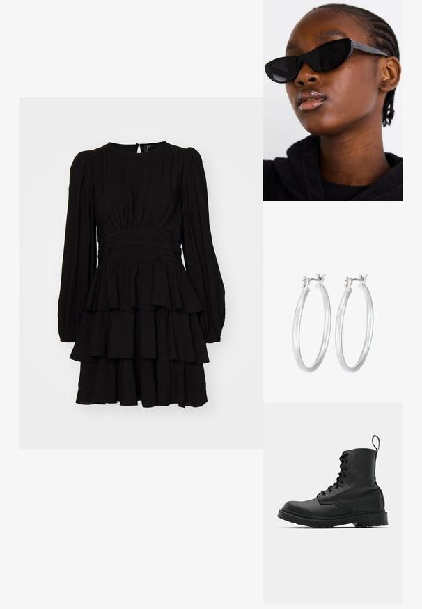 Črna obleka z dolgimi napihnjenimi rokavi in okroglim izrezom. Ima plastni rob z volančki in elastiko v pasu. Narejena je iz lahkega, strukture tkanine.; Črne usnjene vojaške škornje s okroglo konico, z vezalkami spredaj in z zanko na gležnju. Imajo debele gumijaste podplate za dolgo življenjsko dobo.; Črne mačkaste sončna očala z mat površino, ki se ponašajo s prefinjenim dizajnom in rahlo ukrivljenimi robovi, nastavljene ob modelovih temnih oblačilih.; Srebrni obroči za ušesa z gladko, polirano površino. Okrogla oblika in varna zaponka s klikom. Lahka zasnova, primerna za vsakodnevno nošenje.