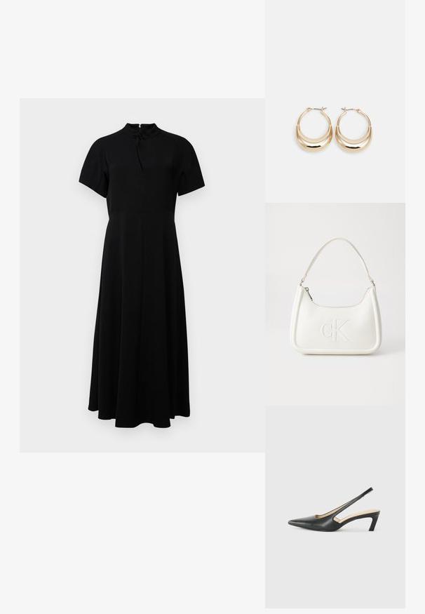Schwarzes, ausgestelltes Kleid mit hohem Kragen, kurzen Ärmeln und einem Reißverschluss im Rücken. Glattes Material mit einem klaren, minimalistischen Design.; Schwarzer spitz zulaufender Slingback-Schuh mit niedrigem Absatz, der aus glattem Leder gefertigt ist und seitliche Ausschnitte für Atmungsaktivität aufweist.; Weiße Lederhandtasche mit abgerundeter Form, ausgestattet mit einem geprägten "CK"-Logo auf der Vorderseite und einem Einzel-Schultergurt. Reißverschluss oben.; Goldfarbene Creolen mit einer Halbmondform, polierter Oberfläche und Scharnierverschluss. Die glatte Textur und der reflektierende Finish verbessern die Sichtbarkeit.