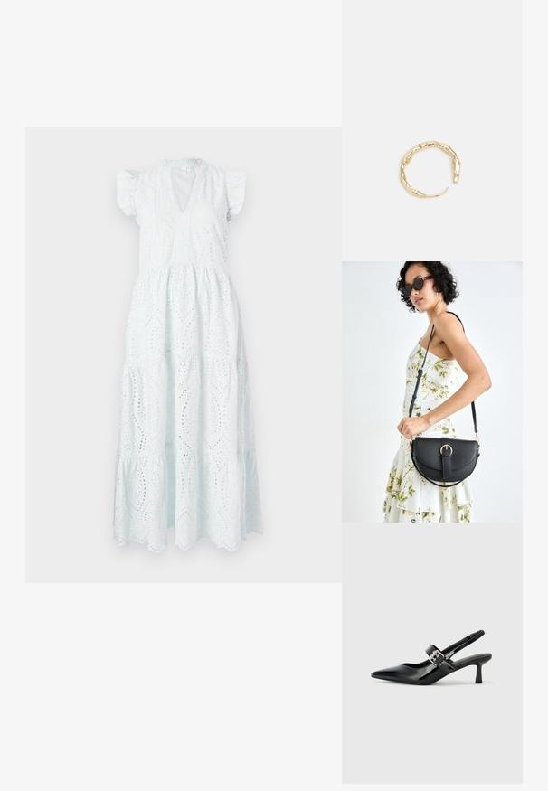 Bela midi obleka z očesci, z V-izrezom, kratkimi puff rokavi, večplastnim krilom in dekorativnimi izrezi v cvetličnem vzorcu.; Črne patent usnjene slingback pete s koničastim nosom in majhnim blok peto, ki vključujejo srebrno zaponko na traku.; Črna usnjena torbica s ukrivljeno obliko, z odstranljivo naramnico in zlatimi dodatki. Torbica ima pokrov s podrobnostmi v obliki zaponke.; Zlati prstan s organskim, zvitim dizajnom, gladko površino in taperiranimi konci, ki ustvarja modernega, skulpturalnega videza.