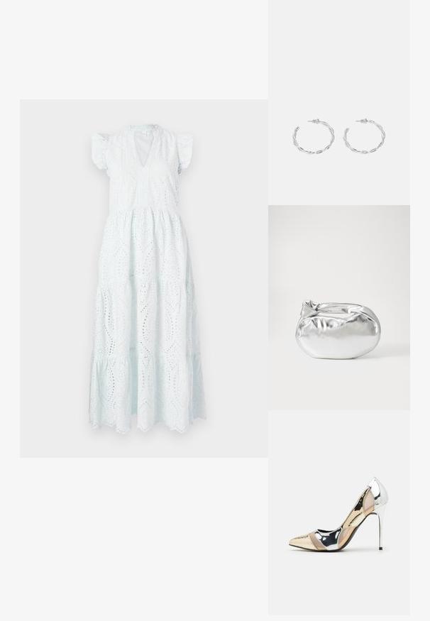 Robes midi blanches à œillets avec un décolleté en V, des manches courtes bouffantes, une jupe à volants et des découpes décoratives dans un motif floral.; Chaussure à talon aiguille à bout pointu avec un schema de couleurs argent, or et nude. Fini brillant avec un design découpé, dotée d'un talon stiletto.; Pochette en métal argenté avec une forme douce et arrondie et un fermoir en haut noué. Fabriquée en simili cuir lisse.; Boucles d'oreilles en argent en forme de créoles avec un design torsadé, dotées d'une finition polie et d'une fermeture à poussoir. Mesurent environ 3 cm de diamètre.