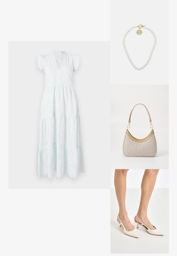 Abito midi bianco in pizzo con scollatura a V, maniche corte a palloncino, gonna a piani e tagli decorativi in un motivo floreale.; Tacchi slingback in pelle lucida beige con punta affusolata e tacco di 5 cm, caratterizzati da lati traforati e una sottile fascia alla caviglia.; Borsa a tracolla beige con un motivo stampato, forma curvata, dettagli in pelle e un logo dorato sul davanti. Presenta una maniglia corta per un facile trasporto.; Lauren Ralph Lauren COLLAR - Collana - gold-coloured/white