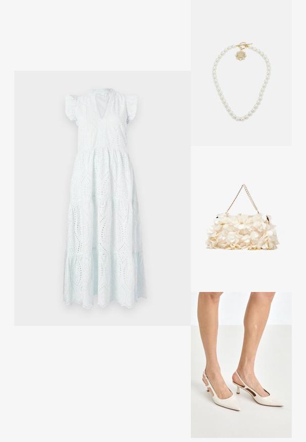 Weißes MIDI-Kleid aus Lochstickerei mit V-Ausschnitt, kurzen Puffärmeln, gestuftem Rock und dekorativen Ausschnitten in einem floralen Muster.; Beige Lackleder Slingback-Absätze mit spitzem Fuß und 5 cm Absatz, mit ausgeschnittenen Seiten und einem schmalen Knöchelriemen.; Weißes Blumenhandtasche mit einer gerafften Stoffoberfläche, goldfarbener Kettenriemen und metallischem Verschluss. Mit strukturierten Blütenblättern für zusätzliche Details.; Lauren Ralph Lauren COLLAR - Halskette - gold-coloured/white