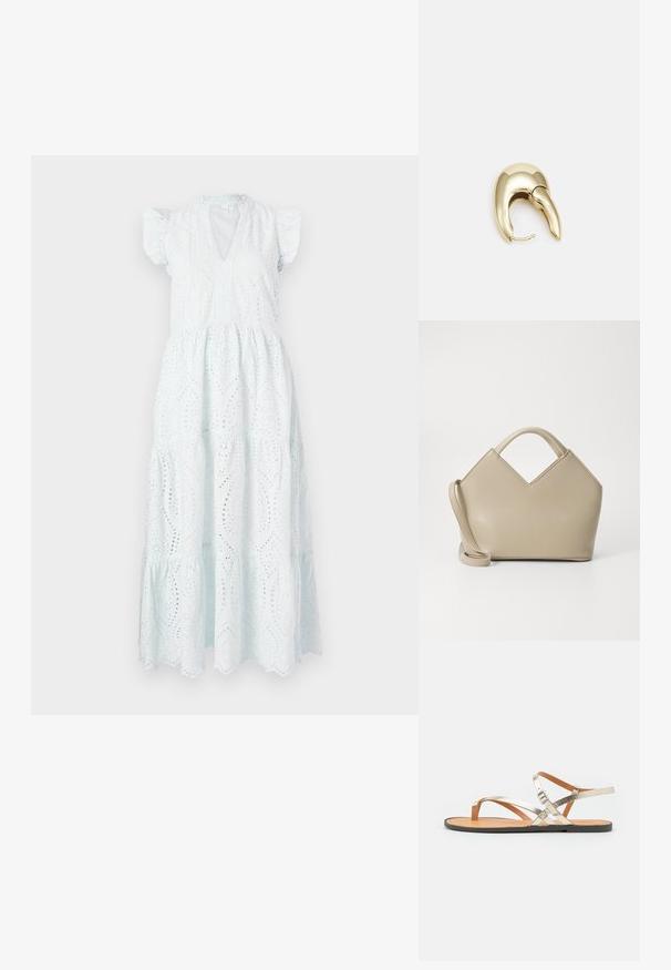 Bela midi obleka z očesci, z V-izrezom, kratkimi puff rokavi, večplastnim krilom in dekorativnimi izrezi v cvetličnem vzorcu.; Metalne zlate ravne sandale z minimalističnim dizajnom, ki imajo prečne trakove in zaponko za zapiranje. Rjav notranji podplat in črna podloga.; Bežna strukturirana torbica s V-oblikovanim vrhom, iz gladke usnjene tkanine, s kratkimi ročaji in dolgim, nastavljivim trakom. Minimalističen dizajn.; Uhane nakit iz zlatastega tona z gladko, ukrivljeno zasnovo. Ima edinstveno koničasto obliko, polirano površino in zaponko s tečajem.