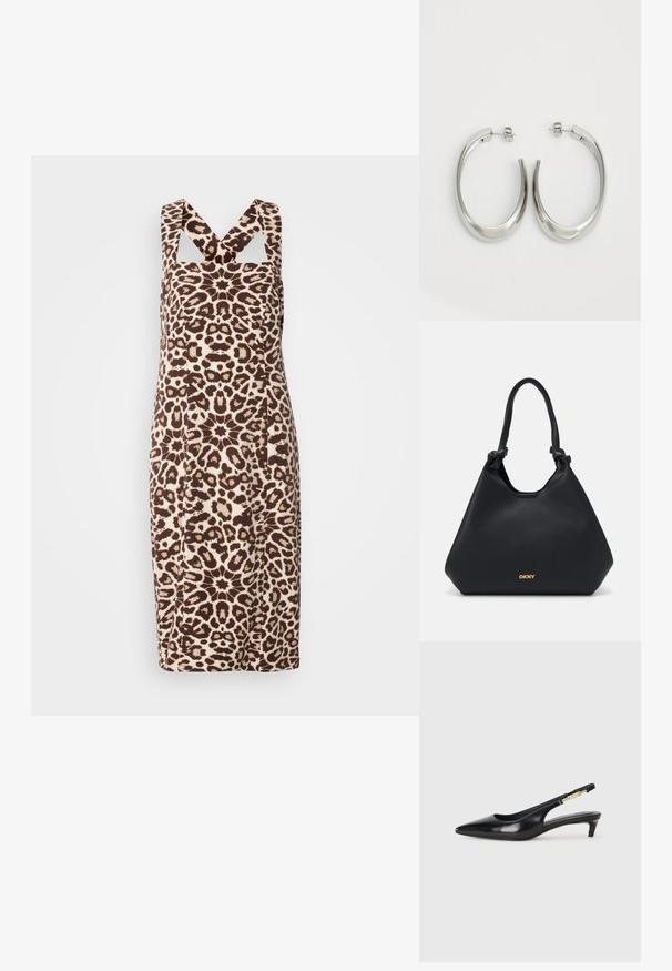 Leopardmönstrad klänning med en figursydd design, med breda axelband och utskärningar. Tillverkad av ett mjukt tyg i bruna och beige toner.; Svart läder slingback-hälar med spetsig tå, med en smal klack och en guldtonad detalj på den justerbara remmen. Slät textur.; Svart läder tote-väska med en texturerad yta, knutna handtagsdetaljer och guldlogotyp i botten. Har en avslappnad silhuett.; Silverfärgade hoopsörhängen med en slät, böjd design. Har en glänsande metallisk yta och ett stiftlås. Inga synliga mönster eller detaljer.