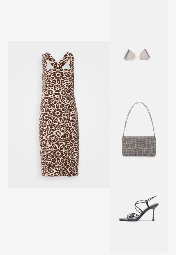 Leopardo raštas suknelė su prigludusia forma, platesnėmis petnešomis ir išpjovomis. Pagaminta iš lygaus audinio rudos ir smėlio spalvų tonų.; Juodos aukštakulnės sandalai pasižymi plonyčiais dirželiais su mazgo dizainu, lygiu kvadratiniu pirštu ir elegantišku stiletto kulnu.; Šviesiai pilka metalinė rankinė su grandinėlės dirželiu, papuošta mažais apvaliais metaliniais smeigėmis ir trikampiu prekės ženklu.; Sidabriniai metaliniai auskarai su lygiu, ašaros formos dizainu ir blizgiu paviršiumi. Subtilūs raižiniai prideda detalumo. Minimalistinis dizainas.